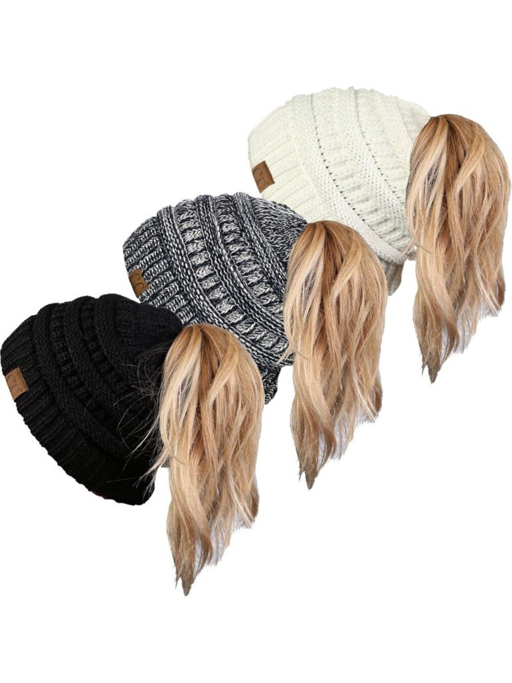 Cozy Cable Knit Ponytail Beanie for Women - Soft Stretch Winter Running Hat